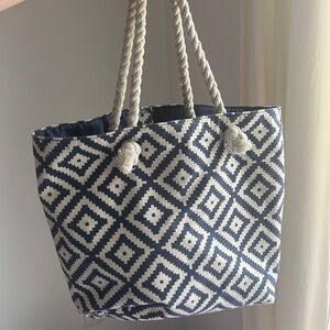 Blue and White Print Tote with Rope Handles